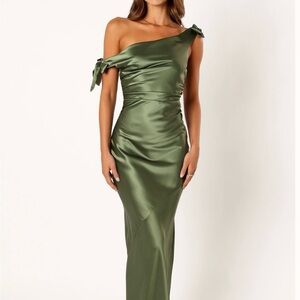 Petal & Pup One Shoulder Satin Dress in Olive